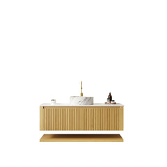 AISU 48" Bathroom Vanity Wall-Mounted Plywood with Drawers and Open Shelf, Ceramic Basin Countertop, Corolla Oak Woodgrain Color