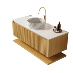 AISU 48" Bathroom Vanity Wall-Mounted Plywood with Drawers and Open Shelf, Ceramic Basin Countertop, Corolla Oak Woodgrain Color