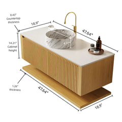 AISU 48" Bathroom Vanity Wall-Mounted Plywood with Drawers and Open Shelf, Ceramic Basin Countertop, Corolla Oak Woodgrain Color