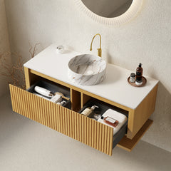 AISU 48" Bathroom Vanity Wall-Mounted Plywood with Drawers and Open Shelf, Ceramic Basin Countertop, Corolla Oak Woodgrain Color