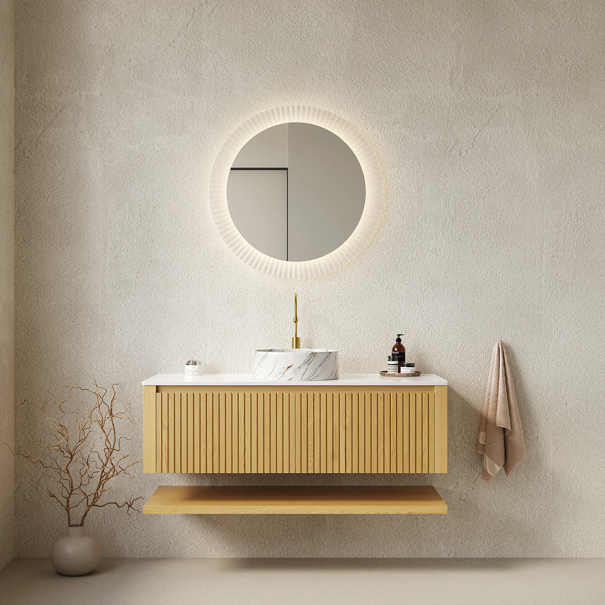 AISU 48" Bathroom Vanity Wall-Mounted Plywood with Drawers and Open Shelf, Ceramic Basin Countertop, Corolla Oak Woodgrain Color