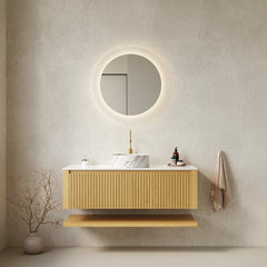 AISU 48" Bathroom Vanity Wall-Mounted Plywood with Drawers and Open Shelf, Ceramic Basin Countertop, Corolla Oak Woodgrain Color