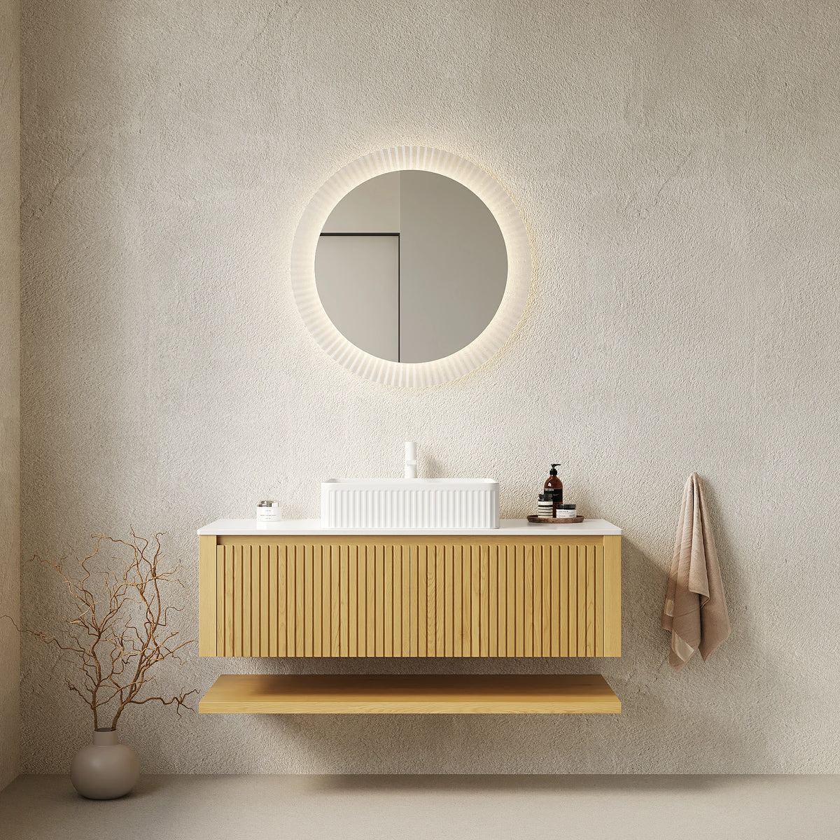 AISU 48" Bathroom Vanity Wall-Mounted Plywood with Drawers and Open Shelf, Ceramic Basin Countertop, Corolla Oak Woodgrain Color