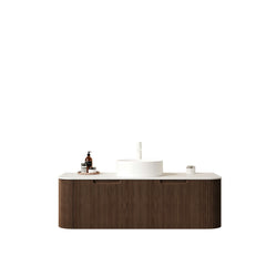 AISU 48" Floating Curved Edges Striped Bathroom Vanity with White Ceramic Basin NO Faucet, Dark Walnut Woodgrain Color