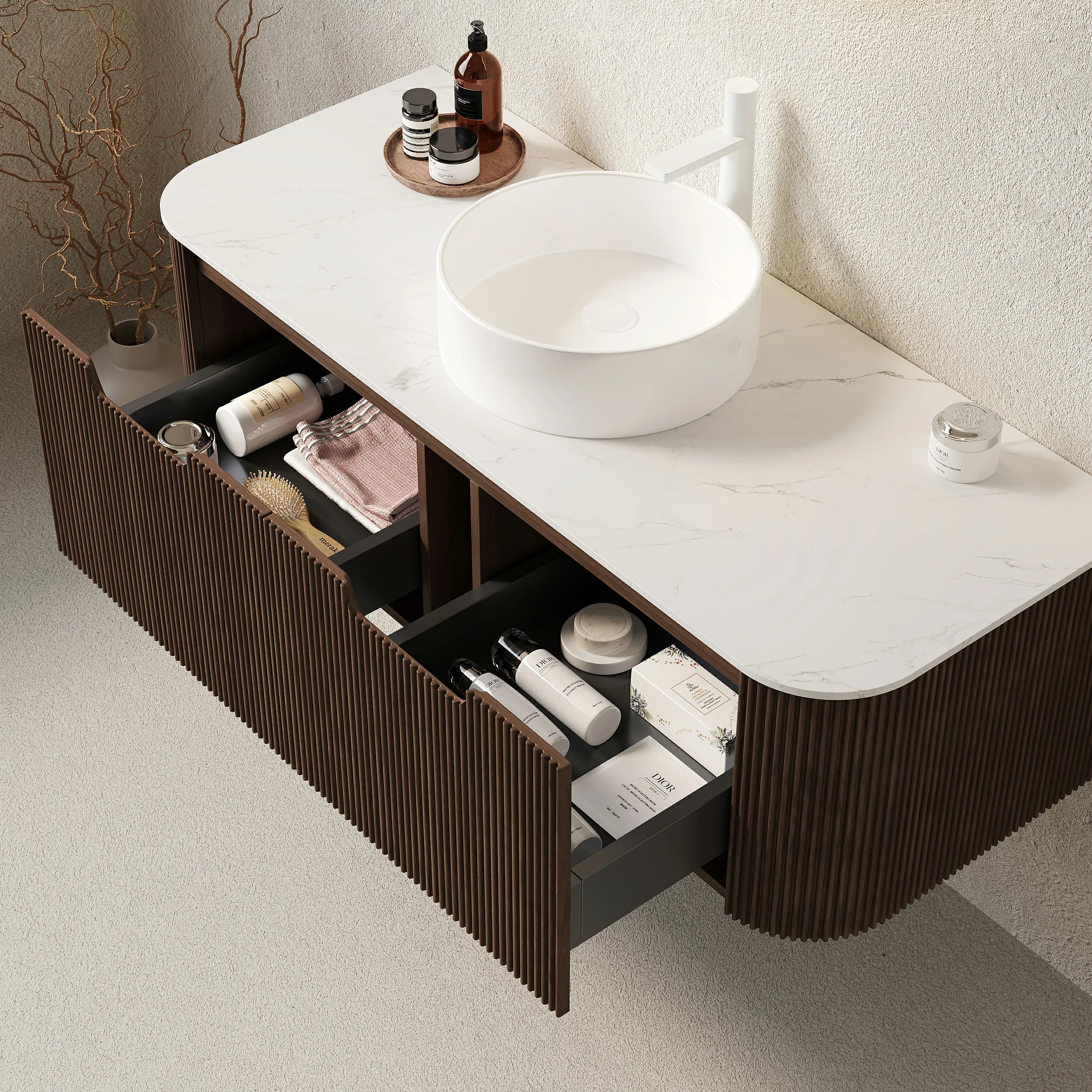 AISU Schwebender Badezimmer-Waschtisch mit geschwungenen Kanten und gestreiftem Design, mit weißem Keramikwaschbecken, OHNE Wasserhahn, vormontiert, Farbe dunkle Walnussholzmaserung