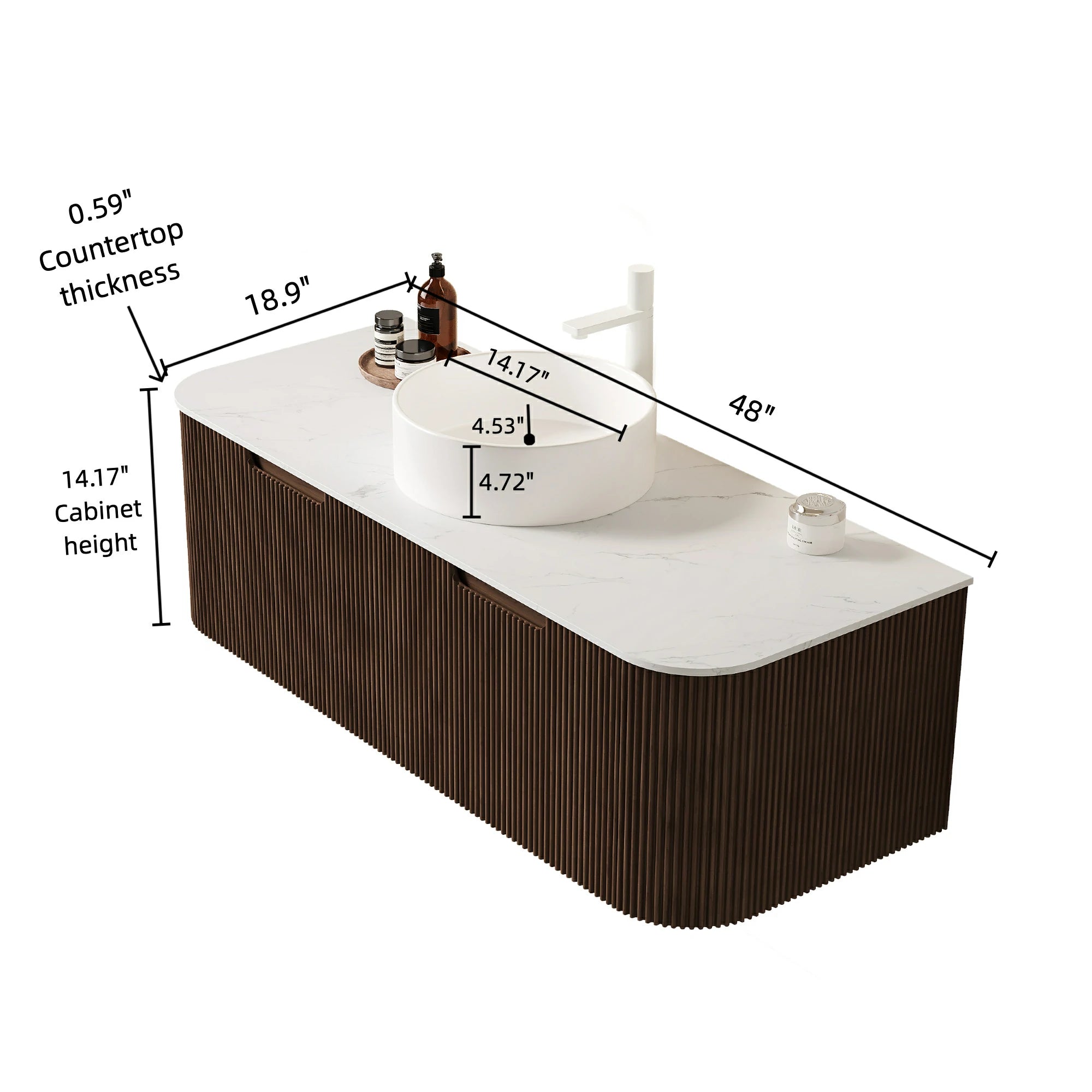 AISU Schwebender Badezimmer-Waschtisch mit geschwungenen Kanten und gestreiftem Design, mit weißem Keramikwaschbecken, OHNE Wasserhahn, vormontiert, Farbe dunkle Walnussholzmaserung
