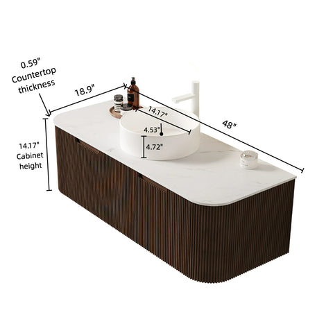AISU Schwebender Badezimmer-Waschtisch mit geschwungenen Kanten und gestreiftem Design, mit weißem Keramikwaschbecken, OHNE Wasserhahn, vormontiert, Farbe dunkle Walnussholzmaserung