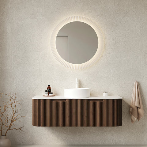 AISU Schwebender Badezimmer-Waschtisch mit geschwungenen Kanten und gestreiftem Design, mit weißem Keramikwaschbecken, OHNE Wasserhahn, vormontiert, Farbe dunkle Walnussholzmaserung