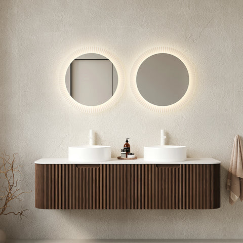 AISU Schwebender Badezimmer-Waschtisch mit geschwungenen Kanten und gestreiftem Design, mit weißem Keramikwaschbecken, OHNE Wasserhahn, vormontiert, Farbe dunkle Walnussholzmaserung