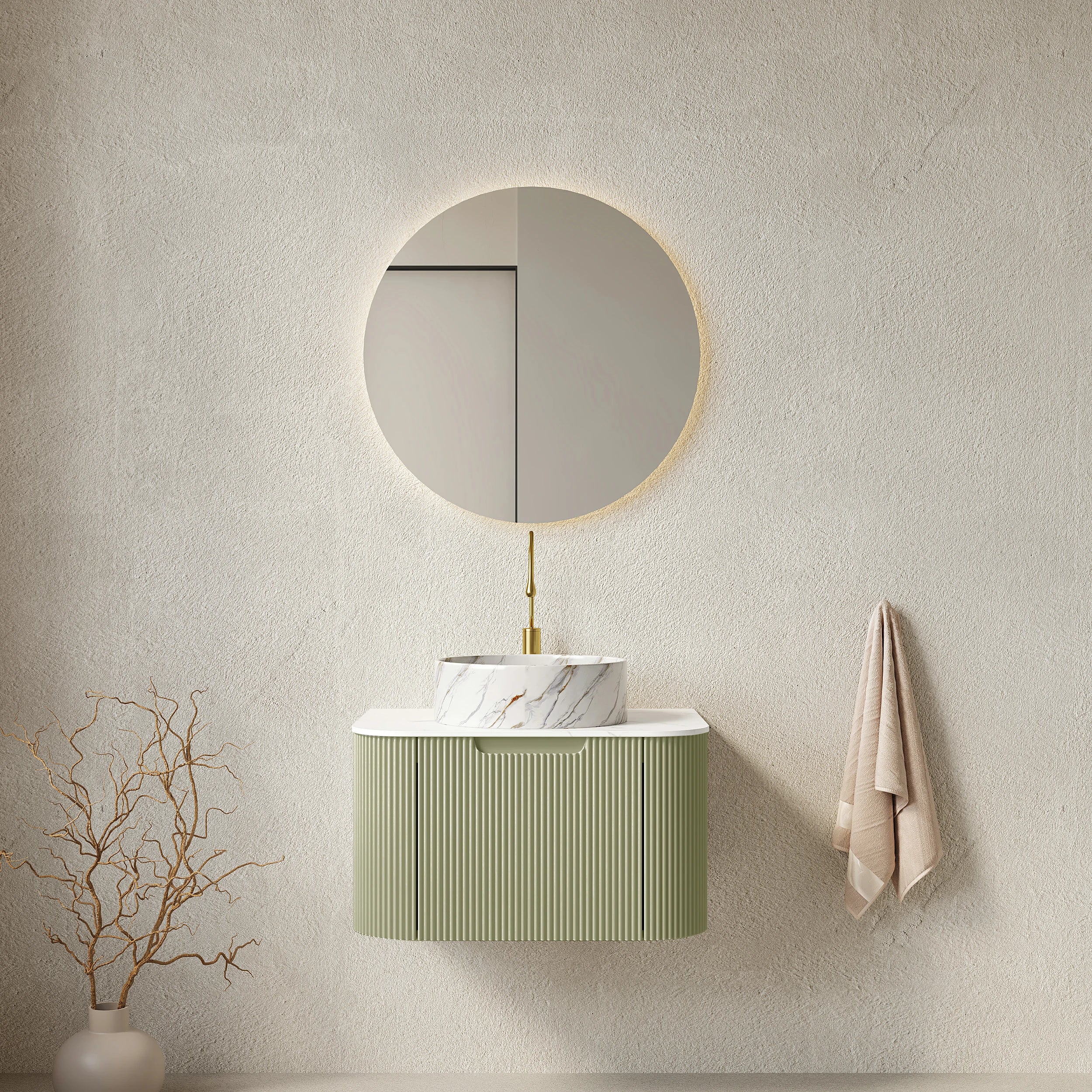 AISU Moderner, wandmontierter Badezimmerschrank mit geschwungenen Kanten und gestreiftem Design, mit weißem, rundem Keramikwaschbecken ohne Wasserhahn, vormontiert, Farbe Hellgrün