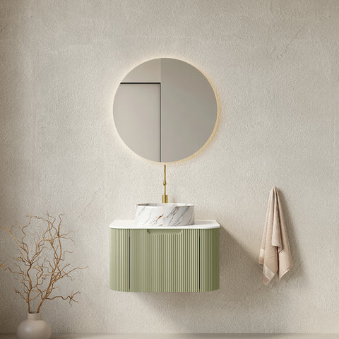 AISU Moderner, wandmontierter Badezimmerschrank mit geschwungenen Kanten und gestreiftem Design, mit weißem, rundem Keramikwaschbecken ohne Wasserhahn, vormontiert, Farbe Hellgrün