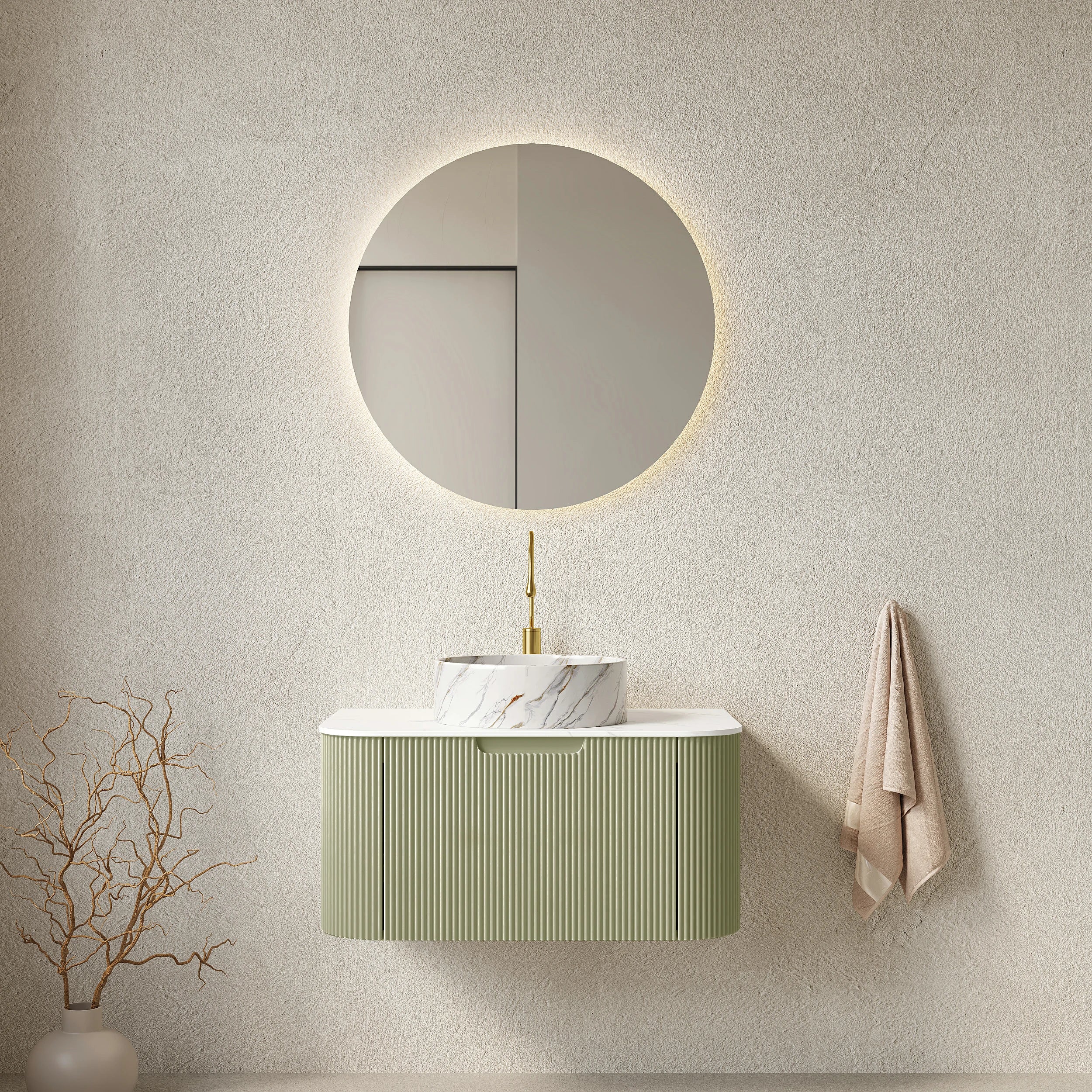 AISU Moderner, wandmontierter Badezimmerschrank mit geschwungenen Kanten und gestreiftem Design, mit weißem, rundem Keramikwaschbecken ohne Wasserhahn, vormontiert, Farbe Hellgrün