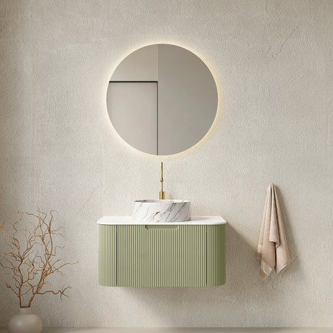 AISU Moderner, wandmontierter Badezimmerschrank mit geschwungenen Kanten und gestreiftem Design, mit weißem, rundem Keramikwaschbecken ohne Wasserhahn, vormontiert, Farbe Hellgrün