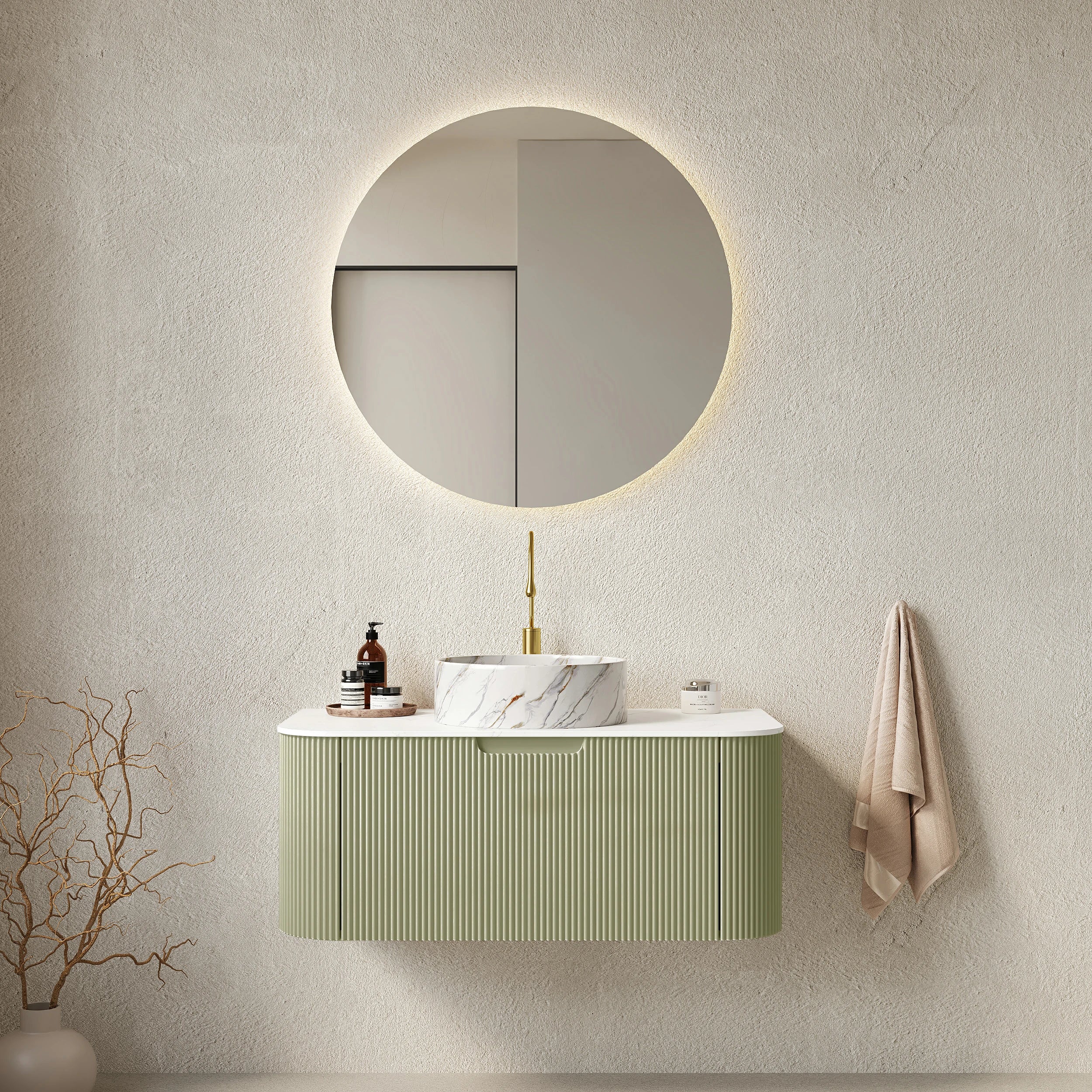 AISU Moderner, wandmontierter Badezimmerschrank mit geschwungenen Kanten und gestreiftem Design, mit weißem, rundem Keramikwaschbecken ohne Wasserhahn, vormontiert, Farbe Hellgrün