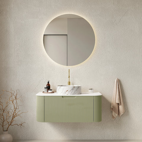 AISU Moderner, wandmontierter Badezimmerschrank mit geschwungenen Kanten und gestreiftem Design, mit weißem, rundem Keramikwaschbecken ohne Wasserhahn, vormontiert, Farbe Hellgrün