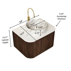 AISU 24" Wall-Mounted Curved Edges Striped Bathroom Vanity with White Ceramic Basin Stone Pattern, Dark Walnut Woodgrain Color