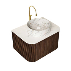 AISU 24" Wall-Mounted Curved Edges Striped Bathroom Vanity with White Ceramic Basin Stone Pattern, Dark Walnut Woodgrain Color