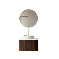 AISU 24" Wall-Mounted Curved Edges Striped Bathroom Vanity with White Ceramic Basin Stone Pattern, Dark Walnut Woodgrain Color