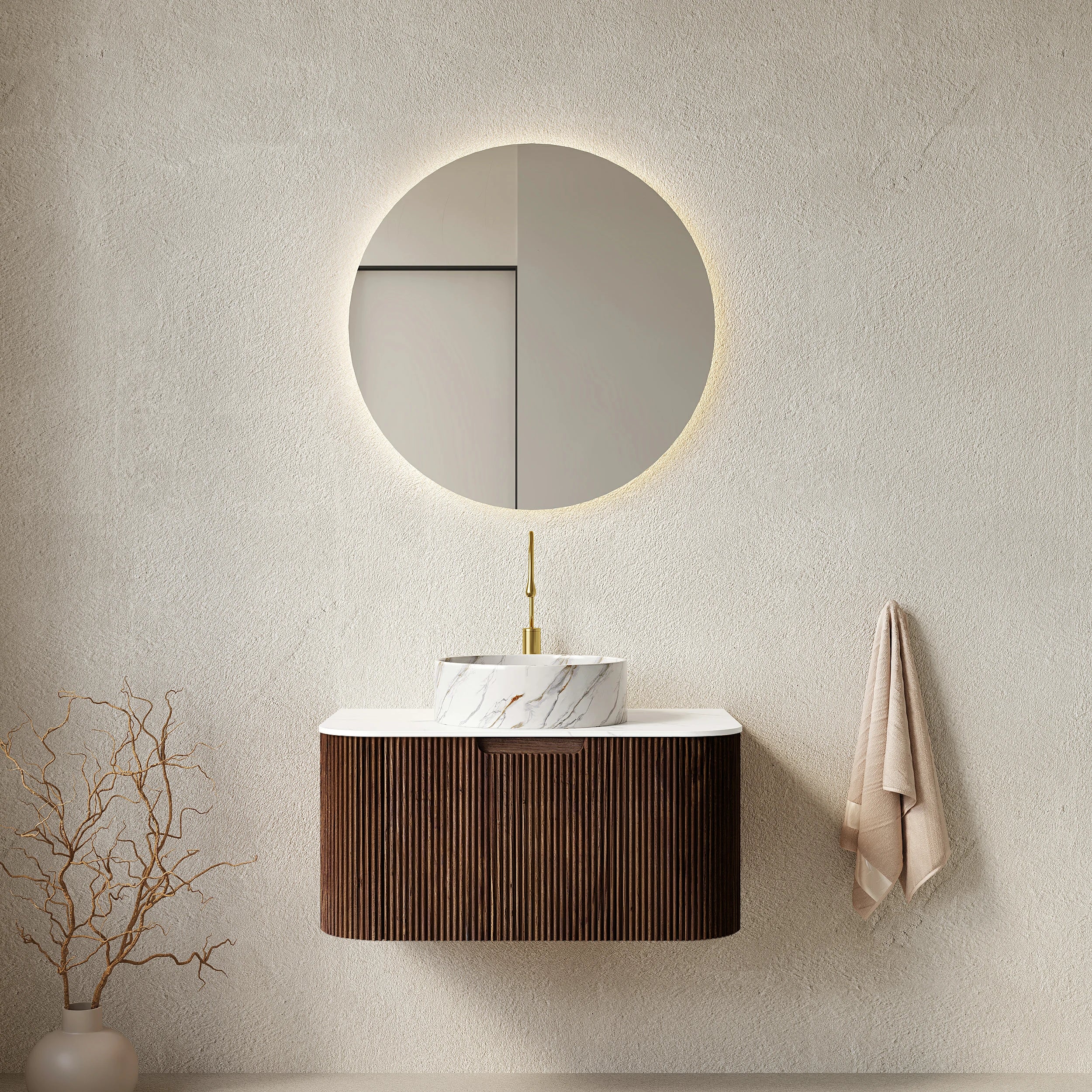 AISU Badezimmer-Waschtisch mit geschwungenen Kanten und gestreiftem Design, zur Wandmontage, mit weißem Keramikwaschbecken mit Steinmuster, vormontiert, Farbe dunkle Walnussholzmaserung