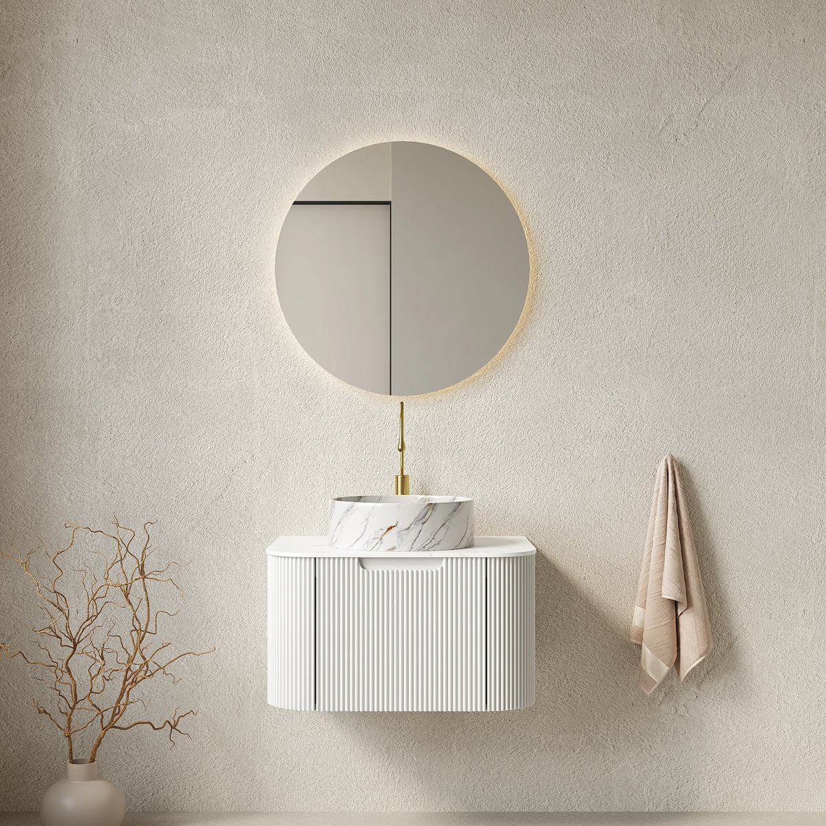 AISU Schwebender Badezimmer-Waschtisch mit geschwungenen Kanten und gestreiftem Design und rundem Keramikbecken, Farbe Weiß