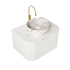 AISU Floating Curved Edges Striped Bathroom Vanity with Round Ceramic Basin, White Color