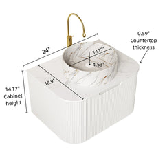 AISU Floating Curved Edges Striped Bathroom Vanity with Round Ceramic Basin, White Color