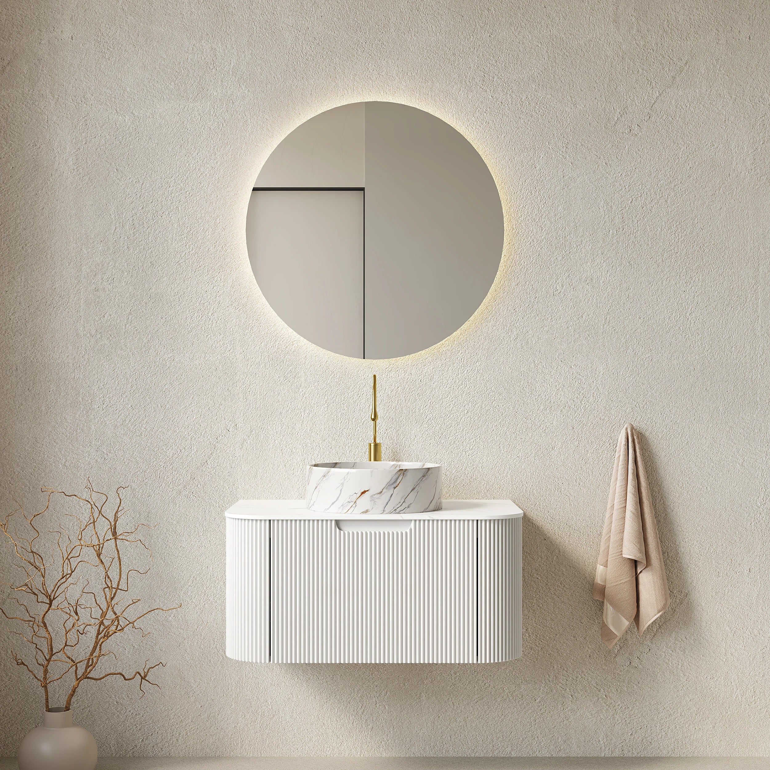 AISU Schwebender Badezimmer-Waschtisch mit geschwungenen Kanten und gestreiftem Design und rundem Keramikbecken, Farbe Weiß