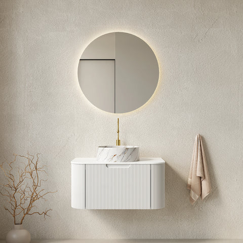 AISU Schwebender Badezimmer-Waschtisch mit geschwungenen Kanten und gestreiftem Design und rundem Keramikbecken, Farbe Weiß