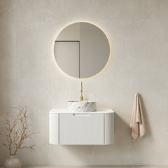 AISU Floating Curved Edges Striped Bathroom Vanity with Round Ceramic Basin, White Color