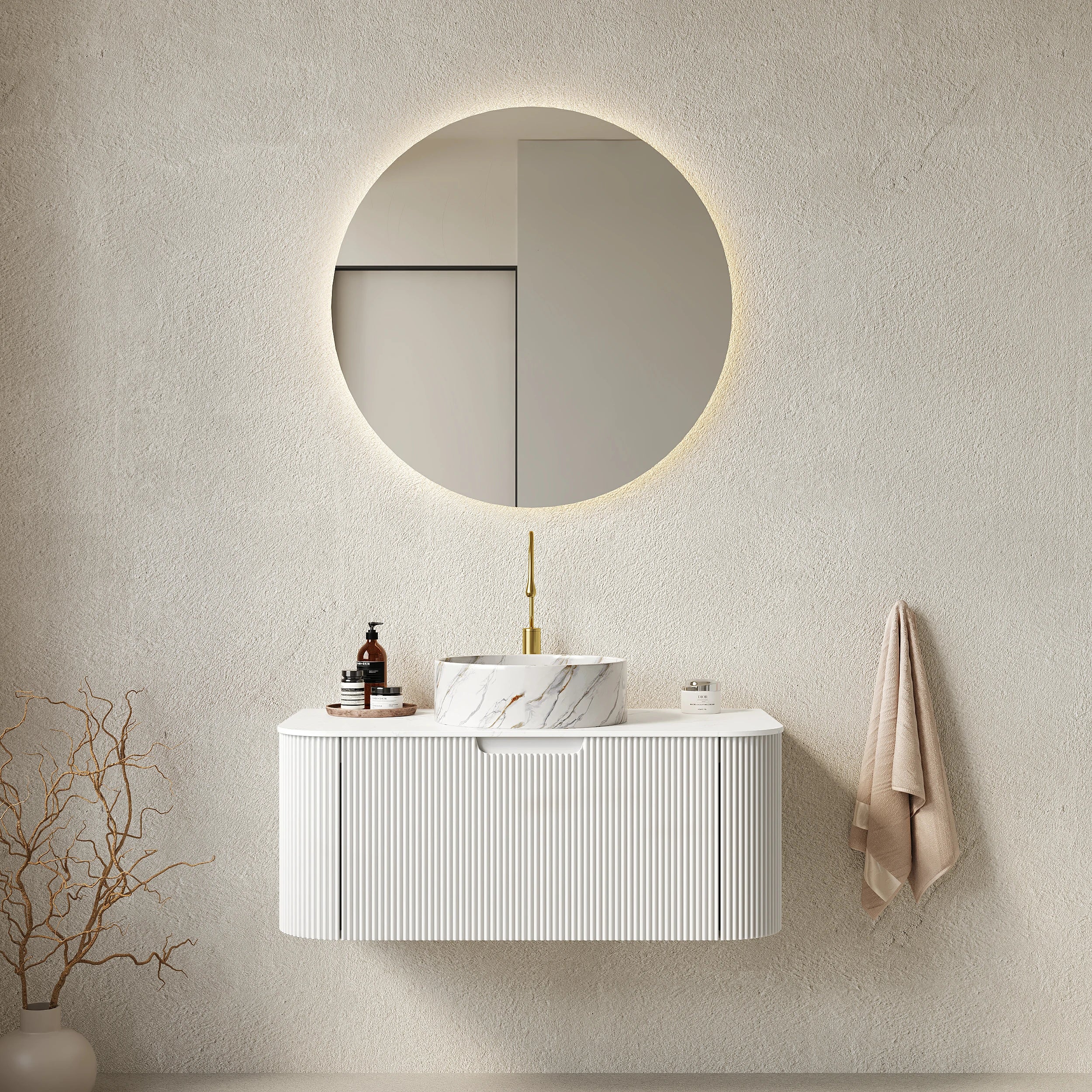 AISU Schwebender Badezimmer-Waschtisch mit geschwungenen Kanten und gestreiftem Design und rundem Keramikbecken, Farbe Weiß