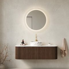 AISU 24" Wall-Mounted Curved Edges Striped Bathroom Vanity with White Ceramic Basin Stone Pattern, Dark Walnut Woodgrain Color