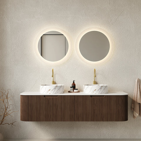 AISU Badezimmer-Waschtisch mit geschwungenen Kanten und gestreiftem Design, zur Wandmontage, mit weißem Keramikwaschbecken mit Steinmuster, vormontiert, Farbe dunkle Walnussholzmaserung