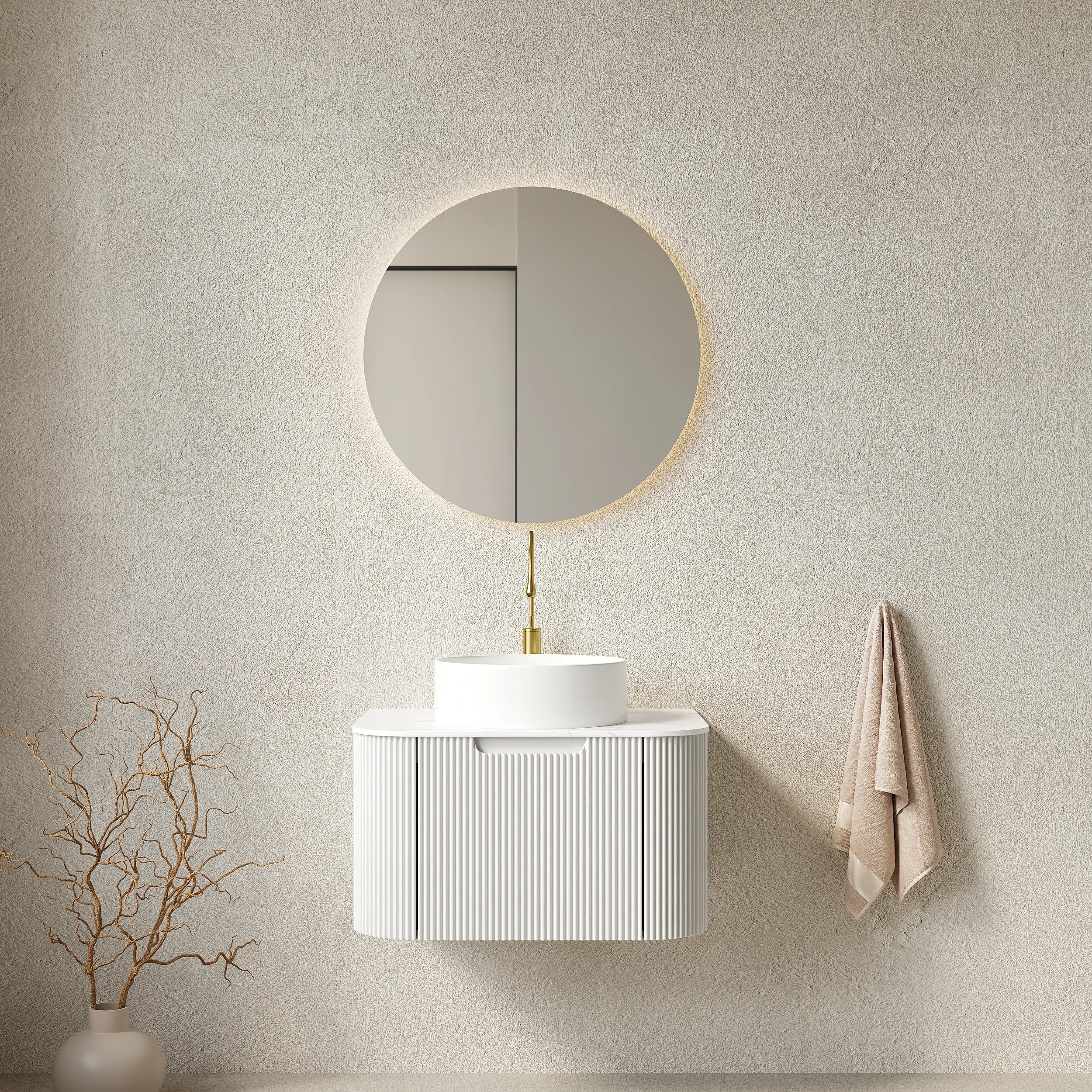 AISU Schwebender Badezimmer-Waschtisch mit geschwungenen Kanten und gestreiftem Design und rundem Keramikbecken, Farbe Weiß