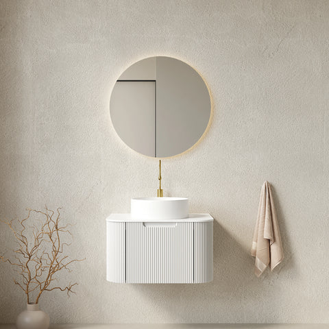 AISU Schwebender Badezimmer-Waschtisch mit geschwungenen Kanten und gestreiftem Design und rundem Keramikbecken, Farbe Weiß
