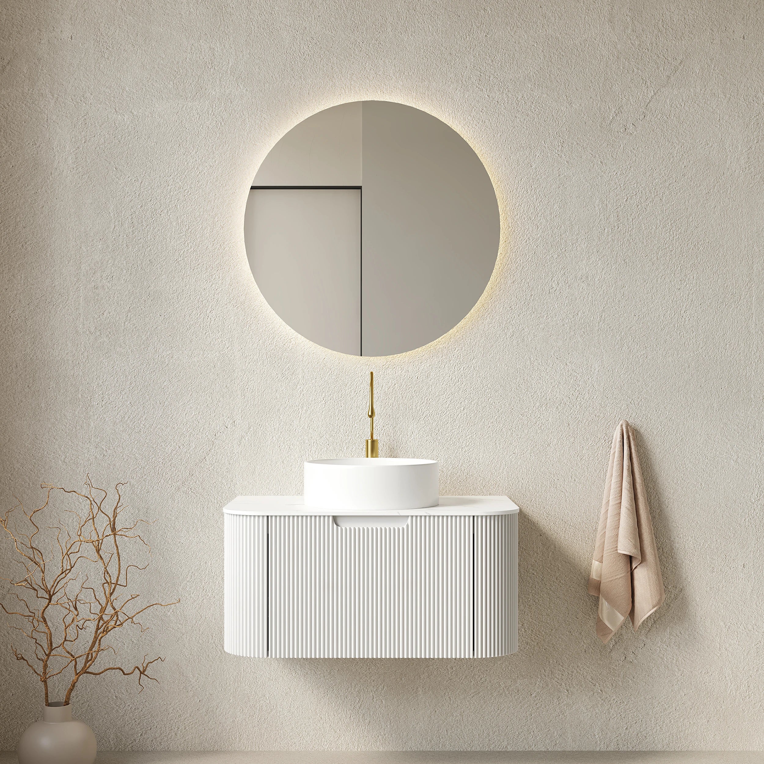 AISU Schwebender Badezimmer-Waschtisch mit geschwungenen Kanten und gestreiftem Design und rundem Keramikbecken, Farbe Weiß