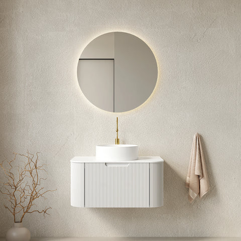 AISU Schwebender Badezimmer-Waschtisch mit geschwungenen Kanten und gestreiftem Design und rundem Keramikbecken, Farbe Weiß