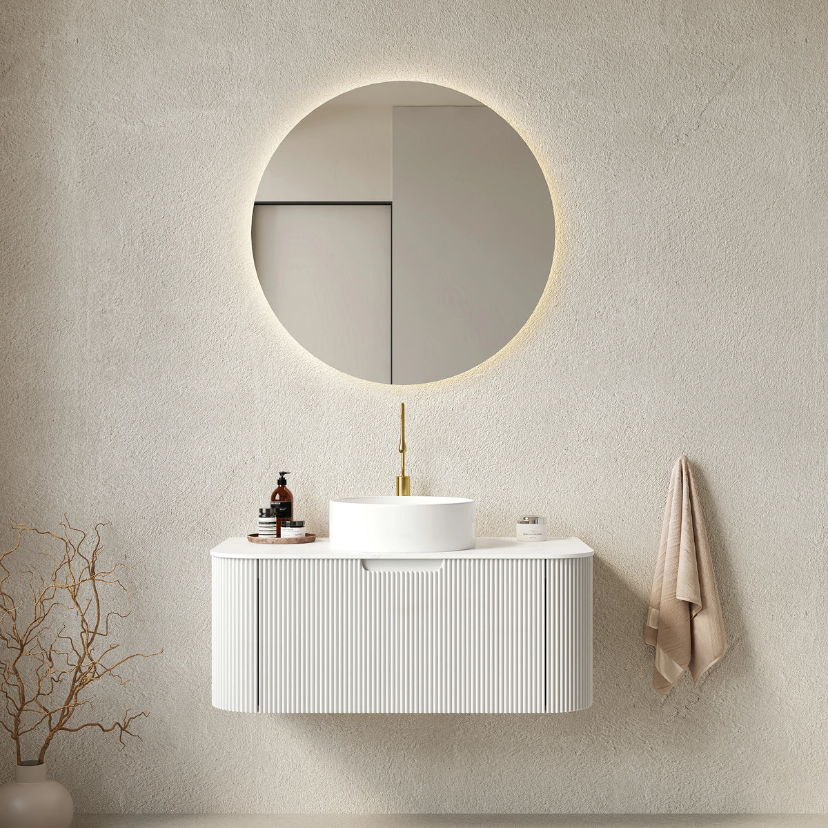 AISU Floating Curved Edges Striped Bathroom Vanity with Round Ceramic Basin, White Color