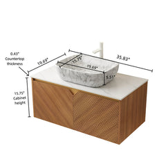 AISU 36" Bathroom Vanity&Sink, Floating Plywood Storage Cabinet, Twill Double Doors with Metal Trim, Marble Pattern Ceramic Vessel Basin&Carrara White Sintered Stone Top, Brown Oak Woodgrain Color