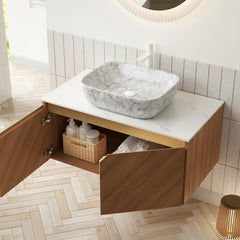 AISU 36" Bathroom Vanity&Sink, Floating Plywood Storage Cabinet, Twill Double Doors with Metal Trim, Marble Pattern Ceramic Vessel Basin&Carrara White Sintered Stone Top, Brown Oak Woodgrain Color