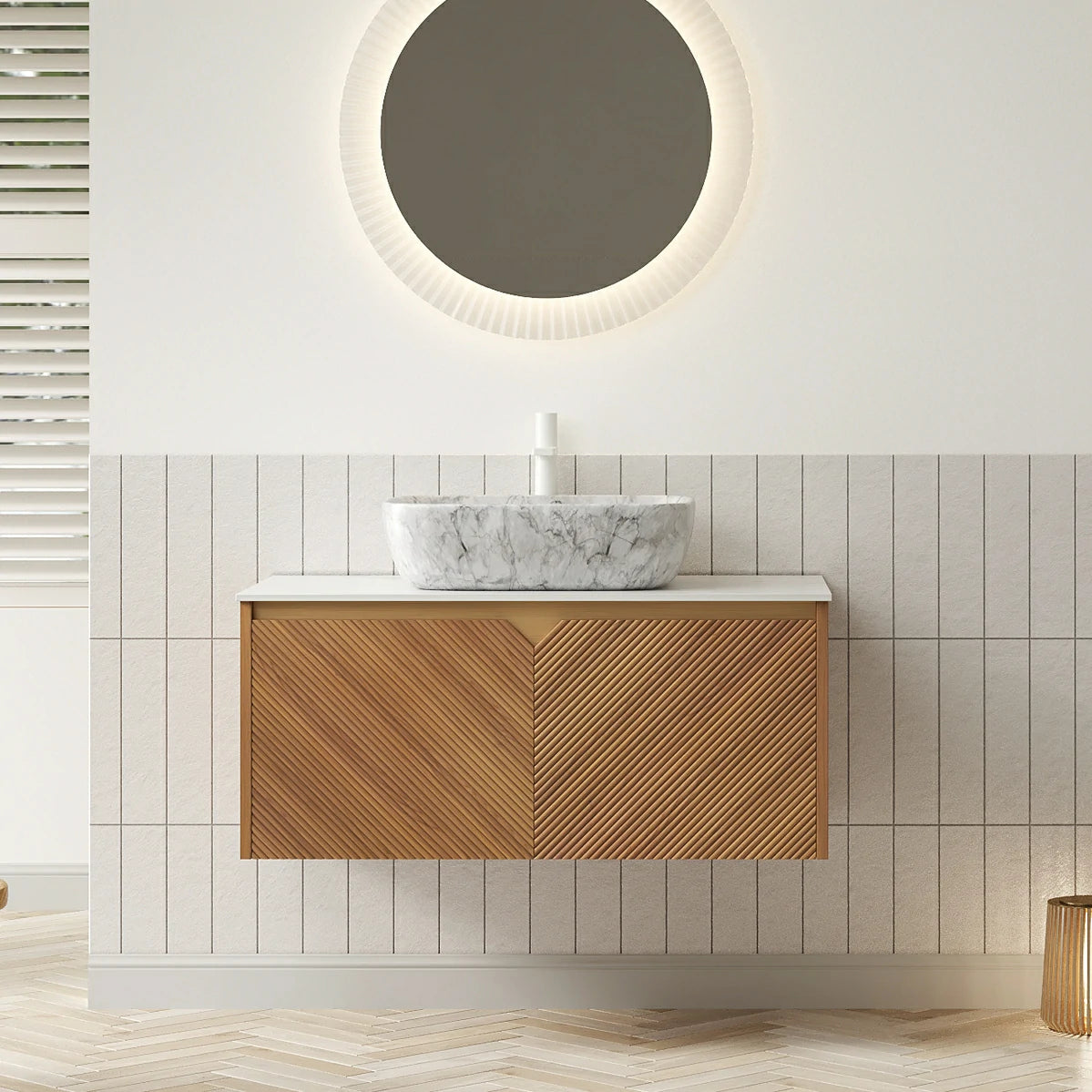AISU 36" Bathroom Vanity&Sink, Floating Plywood Storage Cabinet, Twill Double Doors with Metal Trim, Marble Pattern Ceramic Vessel Basin&Carrara White Sintered Stone Top, Brown Oak Woodgrain Color