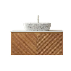 AISU 36" Bathroom Vanity&Sink, Floating Plywood Storage Cabinet, Twill Double Doors with Metal Trim, Marble Pattern Ceramic Vessel Basin&Carrara White Sintered Stone Top, Brown Oak Woodgrain Color