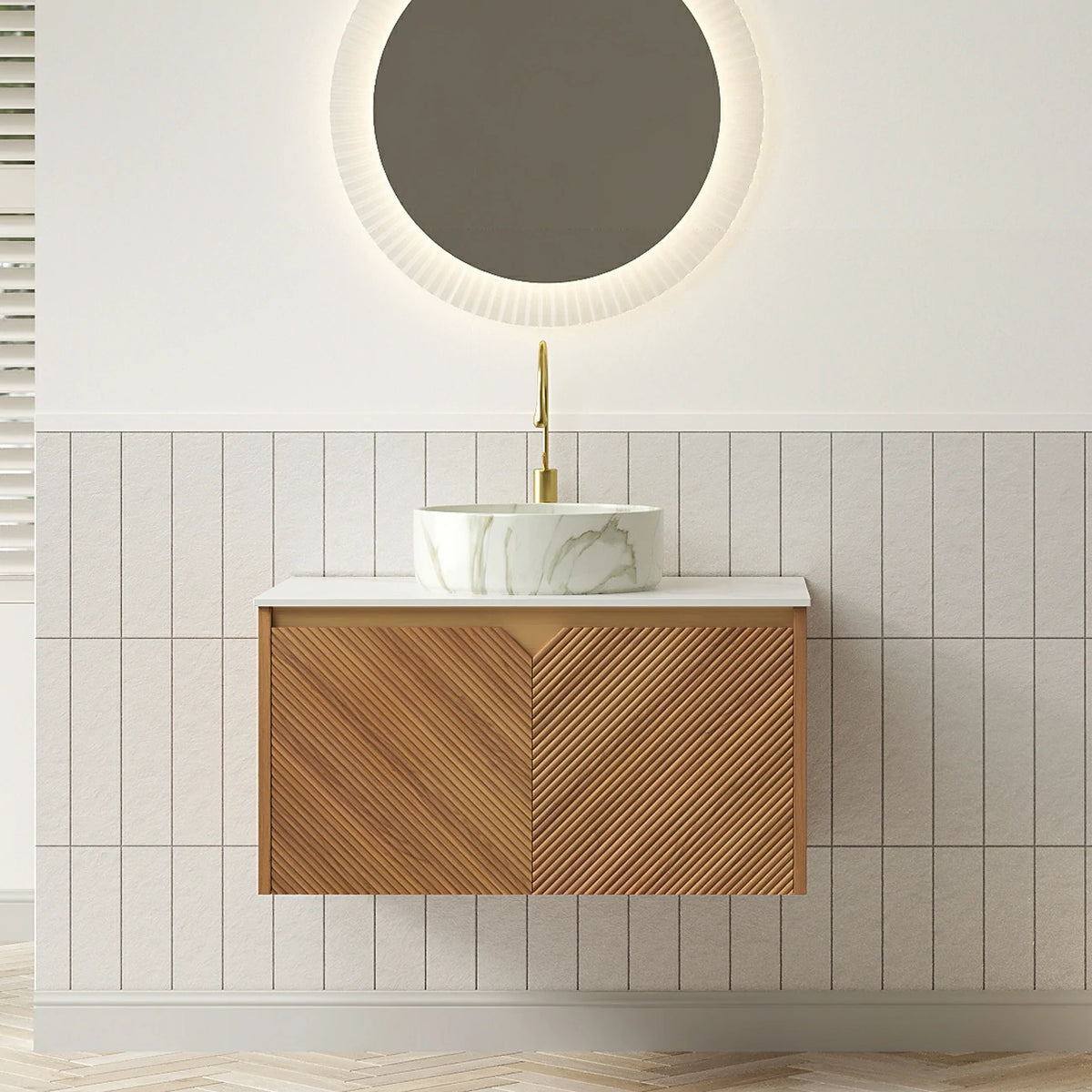AISU 30" Bathroom Vanity&Sink, Floating Plywood Storage Cabinet, Twill Double Doors with Metal Trim, Matte Stone Pattern White Round Ceramic Basin&Sintered Stone Top, Brown Oak Woodgrain (New SKU)