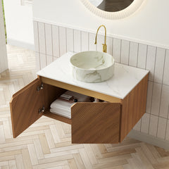 AISU 30" Bathroom Vanity&Sink, Floating Plywood Storage Cabinet, Twill Double Doors with Metal Trim, Matte Stone Pattern White Round Ceramic Basin&Sintered Stone Top, Brown Oak Woodgrain (New SKU)
