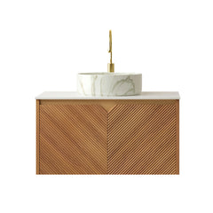 AISU 30" Bathroom Vanity&Sink, Floating Plywood Storage Cabinet, Twill Double Doors with Metal Trim, Matte Stone Pattern White Round Ceramic Basin&Sintered Stone Top, Brown Oak Woodgrain (New SKU)