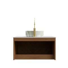 AISU 30" Bathroom Vanity&Sink, Floating Plywood Storage Cabinet, Twill Double Doors with Metal Trim, Matte Stone Pattern White Round Ceramic Basin&Sintered Stone Top, Brown Oak Woodgrain (New SKU)