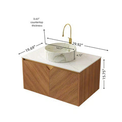 AISU 30" Bathroom Vanity&Sink, Floating Plywood Storage Cabinet, Twill Double Doors with Metal Trim, Matte Stone Pattern White Round Ceramic Basin&Sintered Stone Top, Brown Oak Woodgrain (New SKU)
