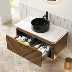 AISU Lumierge 36" Floating Plywood Bathroom Vanity, Stone Pattern White Round Ceramic Vessel Basin&Sintered Stone Top, Pre-assembled, Dark Walnut Woodgrain Color