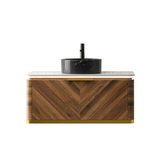 AISU Lumierge 36" Floating Plywood Bathroom Vanity, Stone Pattern White Round Ceramic Vessel Basin&Sintered Stone Top, Pre-assembled, Dark Walnut Woodgrain Color
