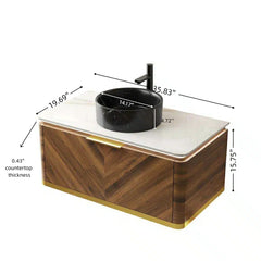 AISU Lumierge 36" Floating Plywood Bathroom Vanity, Stone Pattern White Round Ceramic Vessel Basin&Sintered Stone Top, Pre-assembled, Dark Walnut Woodgrain Color