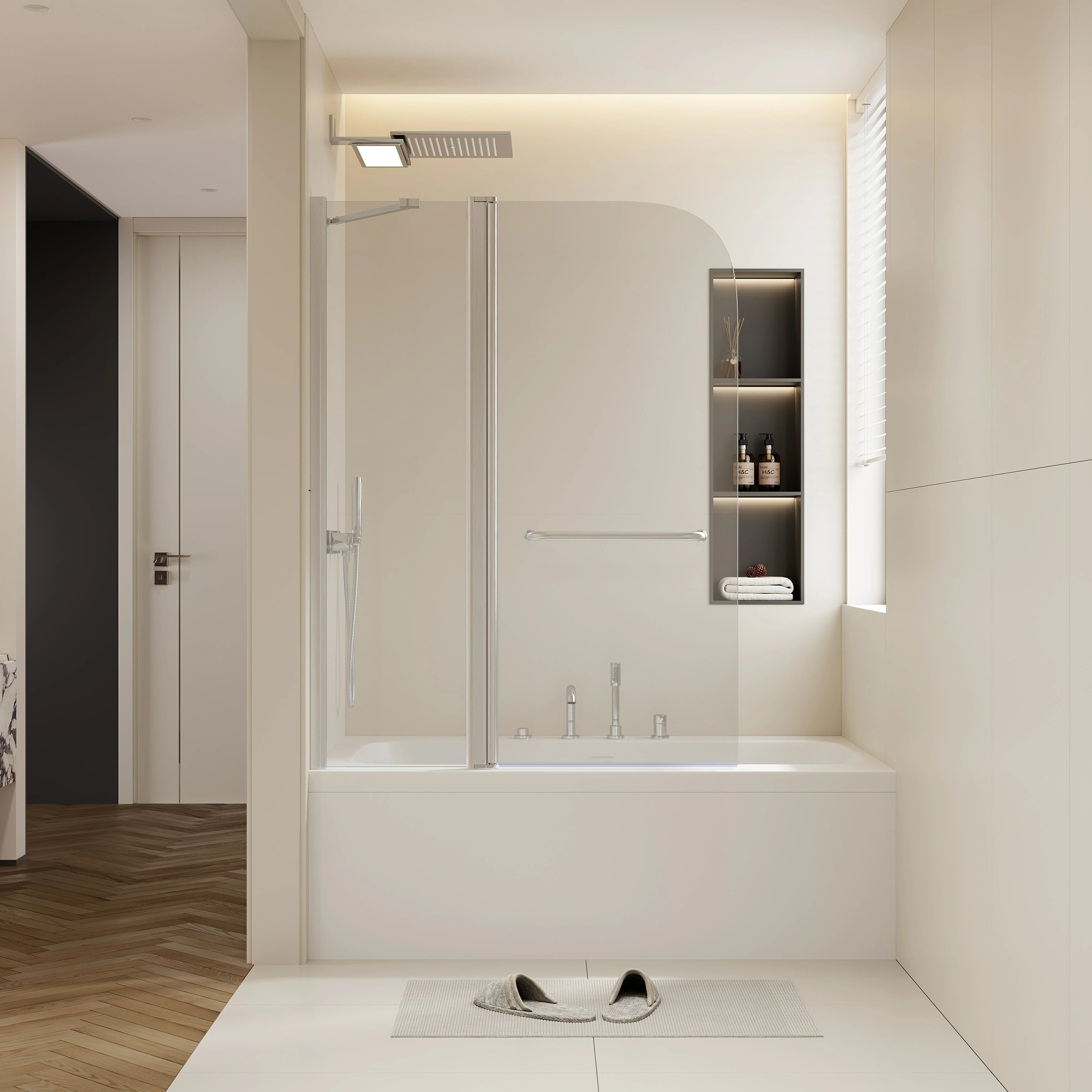 43 Zoll B x 58 Zoll H. Duschtüren für Badewanne, zum Heben und Senken, 6 mm dickes SGCC-Hartglas, Aluminiumlegierung, mattschwarzes Finish